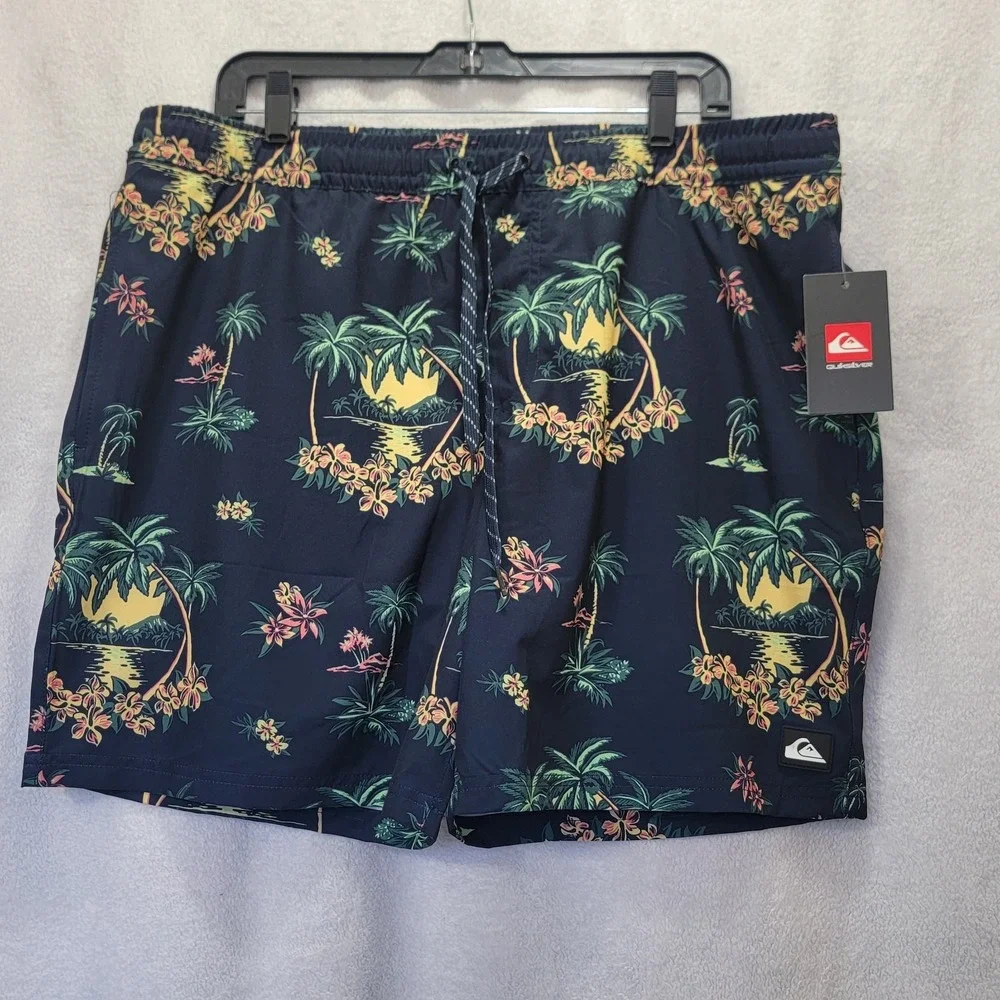 NEW! Quiksilver Men's XL Eclipse Volley Swim Shorts Black Floral Sunset‎ Print